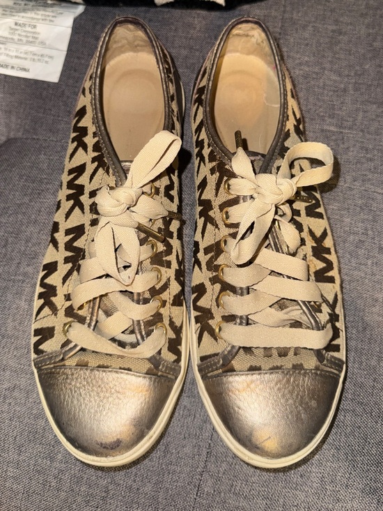 Michael Kors Shoes - Michael Kors Beige and Brown MK Logo Lace-Up Sneakers